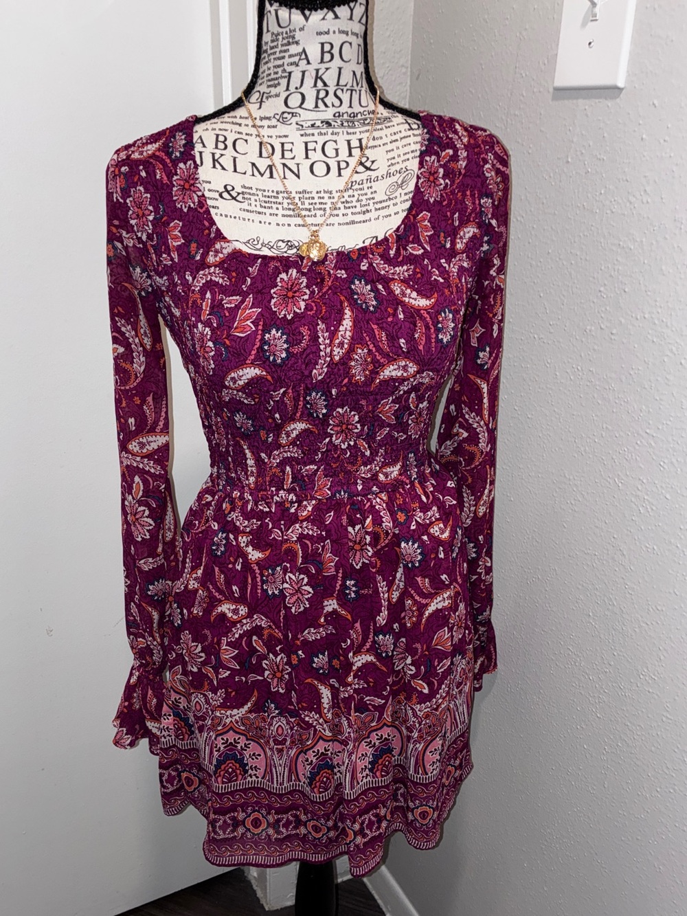 Hollister Co. Long-Sleeve Smocked Paisley Mini Dress